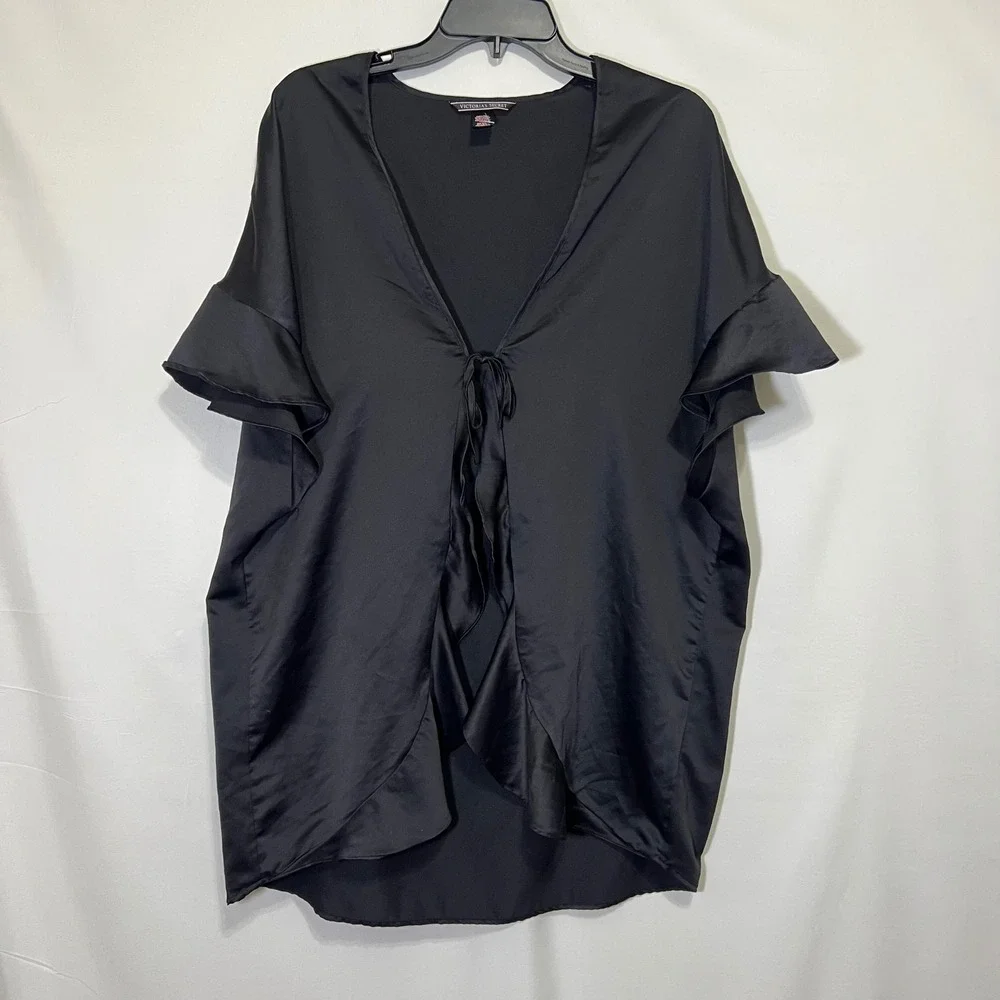 Victoria Secret Black Satin Ruffle Kimono Robe One Size Lingerie